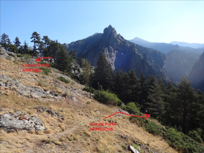 Mariailles, voie Lunule partie, approche, massif du Canigou